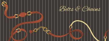 Kemer ve zincirli metal halkalar ya da modaya uygun bayan aksesuarları olan posterler.