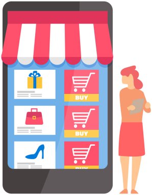 İnternette sörf yapan, telefonla iletişim kuran ve internetten alışveriş yapan genç bir kadın. E-ticaret konsepti