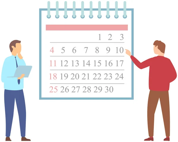Бизнесмены анализируют календарь и составляют ежемесячный план. Люди занимаются управлением временем и планированием — стоковый вектор
