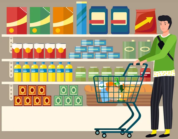 Les gens font des achats, choisissent des marchandises, achètent des produits dans les supermarchés, épicerie, magasin avec de la nourriture — Image vectorielle