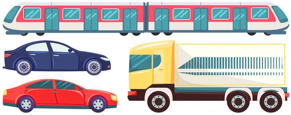 Vários tipos de frete, passageiros e transportes públicos. Veículos terrestres e subterrâneos, automóveis —  Vetores de Stock