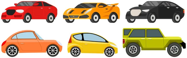 Conjunto de automóviles grandes, coche sedán. Transporte urbano. Coches de pasajeros coloridos, vista lateral del vehículo de ruedas — Vector de stock