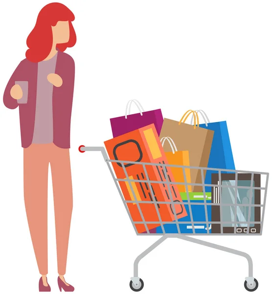 Joyeux shopaholic jeune femme avec chariot plein d'achats et de cadeaux. Fille heureuse avec des paquets — Image vectorielle