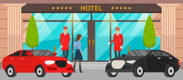 高級車と高級ホテルへの正面玄関、赤い制服のドアマンと女性の訪問者 — ストックベクタ