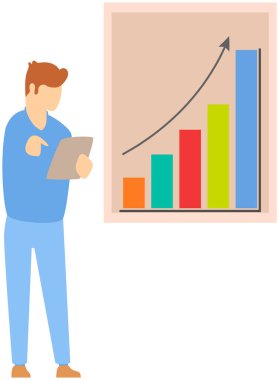 Çizelgeye yakın duran bir adam. İş adamı istatistiksel araştırmaların sunumunu yürütüyor