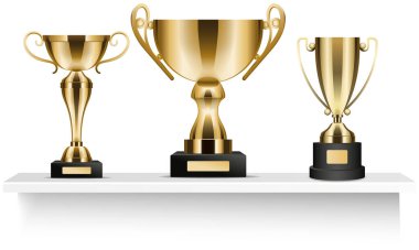 Beyaz arka plan illüstrasyonunda, ahşap rafta parlak altın ödüller.