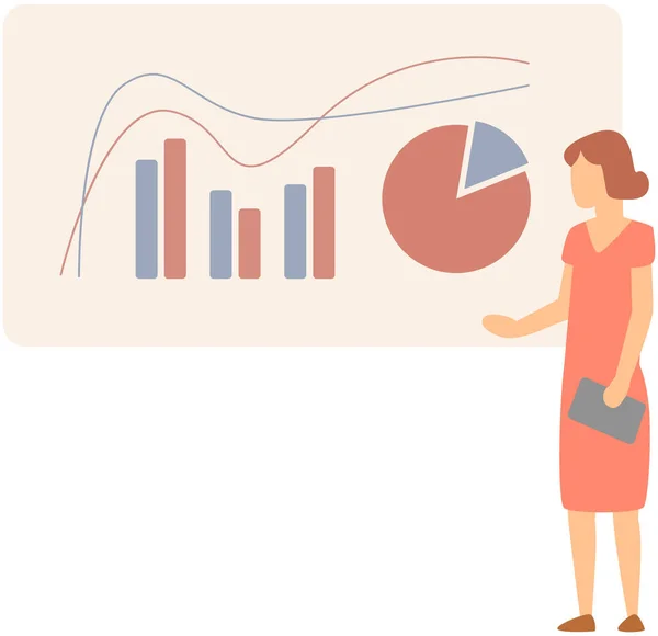 Rapport d'analyse des femmes avec indicateurs statistiques. Lady examine les résultats de l'analyse des investissements — Image vectorielle