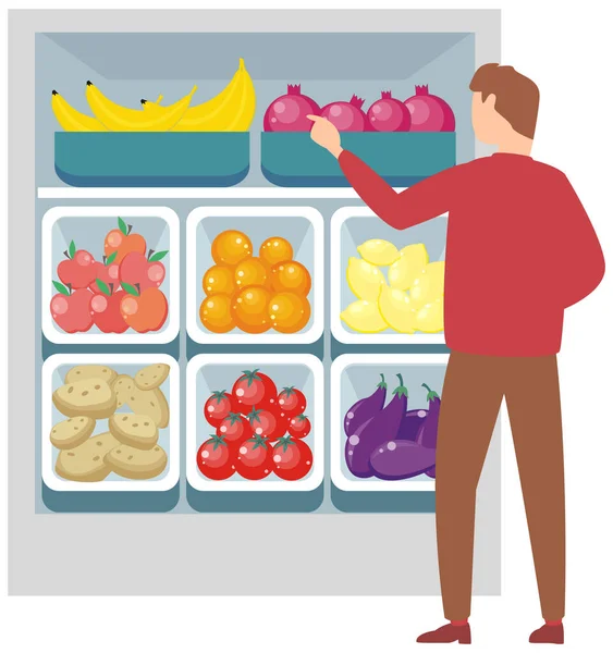 Young man doing grocery shopping at supermarket, takes products from shelf in daily life concept — Stock Vector