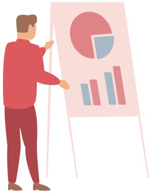 Çizelgeye yakın duran bir adam. İş adamı istatistiksel araştırmaların sunumunu yürütüyor