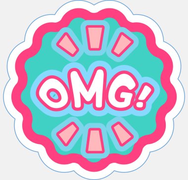 Harfleri merak ediyorum, aman Tanrım çıkartma ikonu. İfade metni OMG ile komik konuşma balonu