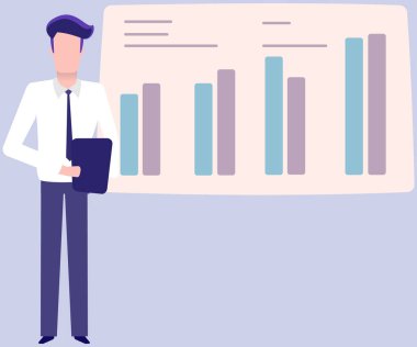 Çizelgeye yakın duran bir adam. İş adamı istatistiksel araştırmaların sunumunu yürütüyor