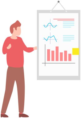 Çizelgeye yakın duran bir adam. İş adamı istatistiksel araştırmaların sunumunu yürütüyor