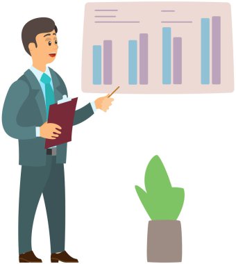 Çizelgeye yakın duran bir adam. İş adamı istatistiksel araştırmaların sunumunu yürütüyor