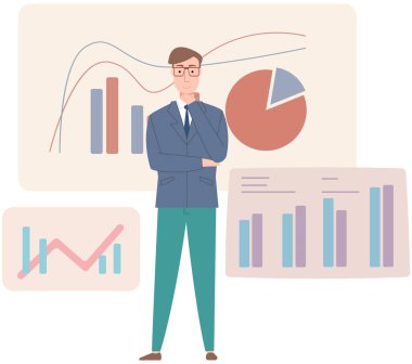 Çizelgeye yakın duran bir adam. İş adamı istatistiksel araştırmaların sunumunu yürütüyor