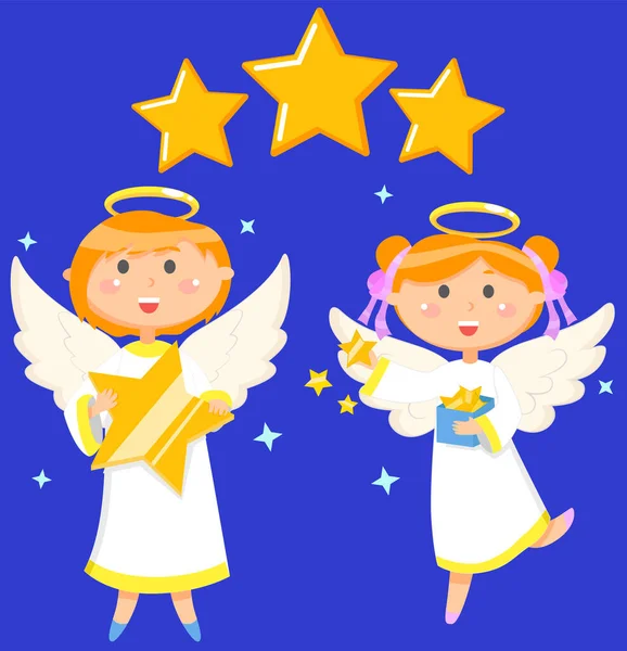 Children in angel costumeswith with stars fly in sky. Small spiritual beings, divine creatures — ストックベクタ