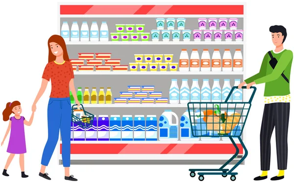 People make purchases, choose goods, buy products in supermarket, grocery store, shop with food — Stock Vector