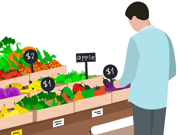 Az ember a zöldség osztályon választja a termékeket. A fiú a szupermarketben vásárol. — Stock Vector