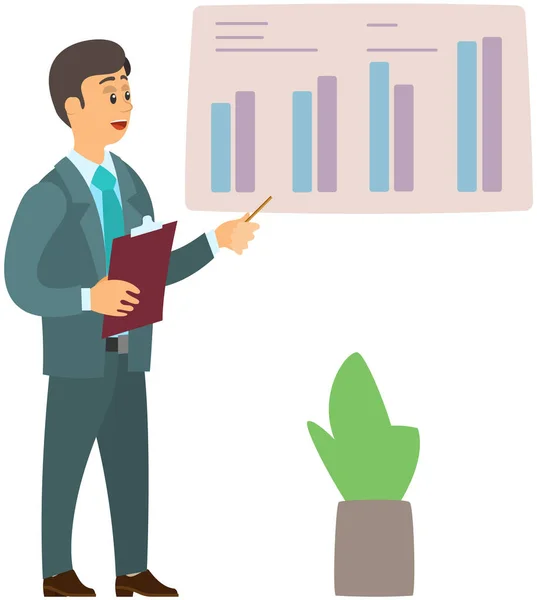 Man standing near flipchart with diagram. Businessman conducts presentation of statistical research — Stock Vector