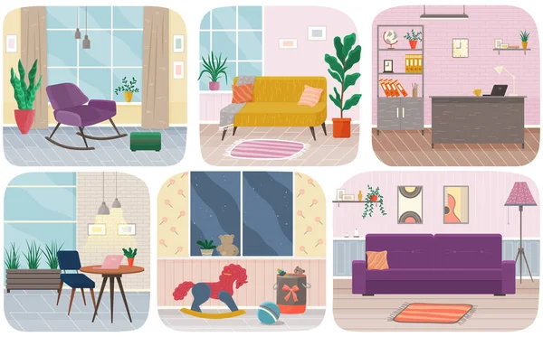Conjunto de ilustraciones sobre el tema de la decoración de diseño de interiores y la disposición de la sala de estar y la cocina — Archivo Imágenes Vectoriales
