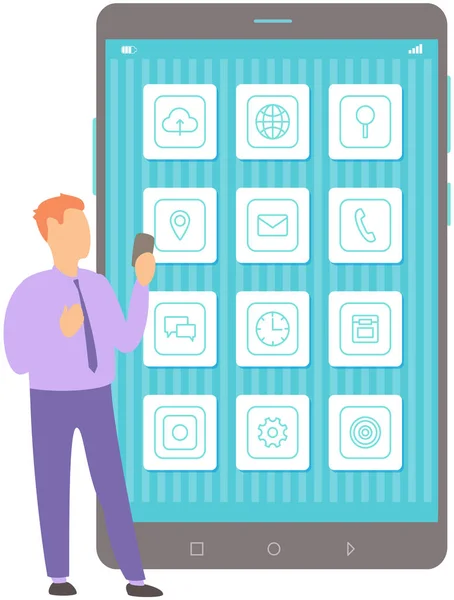 Adam akıllı telefon ekranındaki uygulamaların ikonlarına bakıyor. Sosyal ağlar, medya, telefon programları — Stok Vektör