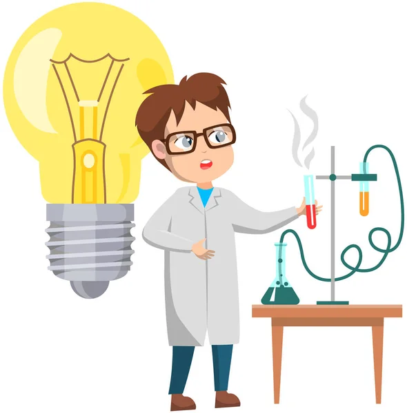 Scientist conducting research near light bulb. Chemical or medical experiment with reagents — 스톡 벡터