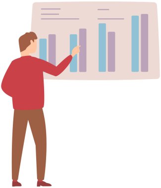 Çizelgeye yakın duran bir adam. İş adamı istatistiksel araştırmaların sunumunu yürütüyor