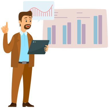 Çizelgeye yakın duran bir adam. İş adamı istatistiksel araştırmaların sunumunu yürütüyor