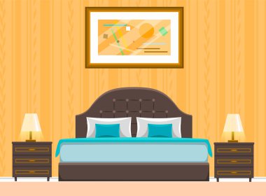 Çarşaflı, yastıklı ve battaniyeli çift katlı ahşap yatak. Yatak odası iç mekan, ev aletleri.