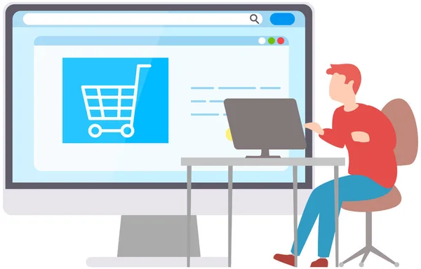 Tienda en línea, tienda de Internet en el programa informático. Hombre elegir productos, compras en el sitio web — Vector de stock