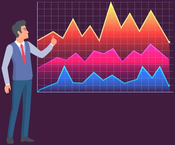 Homem estuda estatística sobre apresentação. Personagem masculino enquanto trabalha ou estuda com relatório —  Vetores de Stock