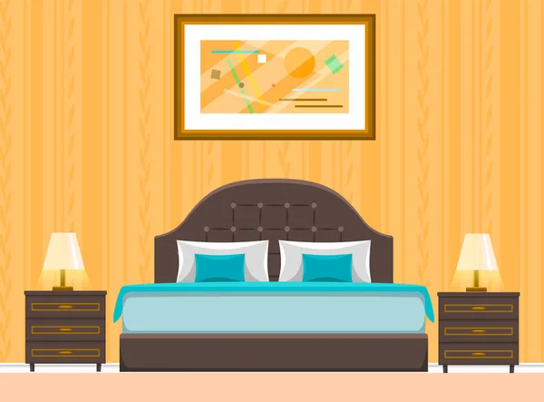 Doppelbett aus Holz mit Laken, Kissen und Decke. Schlafzimmer Innenausstattung, Hausausstattung — Stockvektor