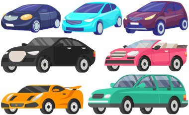 Farklı şekil ve renkte otomobiller. Spor araba, üstü açık araba, SUV, hatchback simgeleri