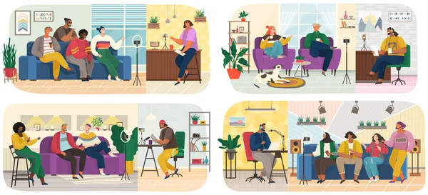 Podcaster sahneleri ayarlandı. Stüdyonun konuklarıyla röportaj yapan gazeteci. İnsanlar video blogu oluşturur, yayınlar