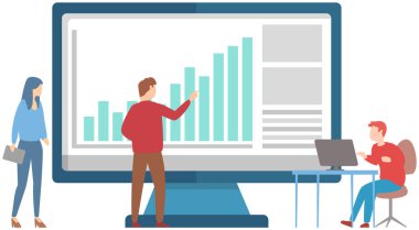 Dizüstü bilgisayarlı iş adamları istatistik çalışıyor. Erkek karakter ve pazarlama analisti dinamikleri kontrol ediyor