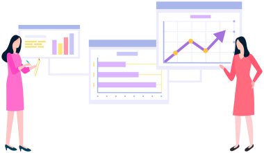 Kadın çalışanlar veri analizinde çalışırlar. Diyagramları analiz eden kadınlar, istatistiksel sunum