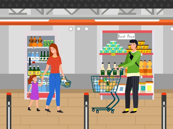 Lidé nakupují, vybírají zboží, nakupují výrobky v supermarketech, obchodech s potravinami, obchodech s potravinami — Stockový vektor