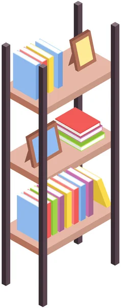 Auto-éducation et concept d'étude. Livres sur étagères, stand en bibliothèque. Littérature de lecture concept — Image vectorielle