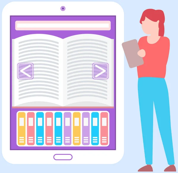 妇女在网上图书馆挑选文献。女孩阅读带有智能手机数字服务的书籍 — 图库矢量图片