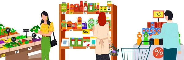 La gente hace compras, elige mercancías, compra productos en el supermercado, tienda de comestibles, tienda con alimentos — Archivo Imágenes Vectoriales