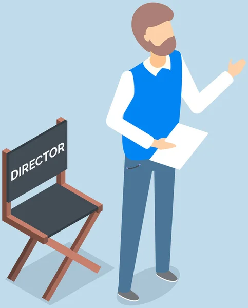 Hombre guionista director. Director controla el proceso de filmación, realización de películas, rodaje de películas — Vector de stock