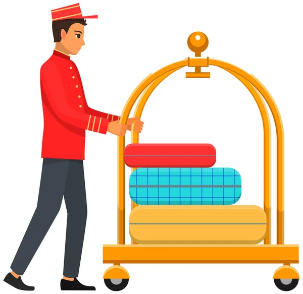 Otel bagaj vagonunda bellboy işçi. Otel çalışanı, iş sırasında üniformalı kapıcı. — Stok Vektör