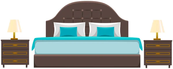 Podwójne drewniane łóżko z prześcieradłem, poduszkami i kocem. Element wnętrza sypialni, wyposażenie domu — Wektor stockowy