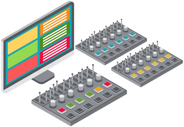 Elektronisk enhet, mixer volym konsol för att arbeta med ljud. Utrustning för musiker, ljudspecialist — Stock vektor