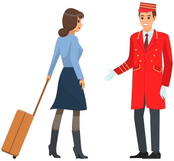 Ung man i uniform som jobbar som piccolo på hotellet. Dörrvakt hjälper kvinnliga besökare med bagage — Stock vektor