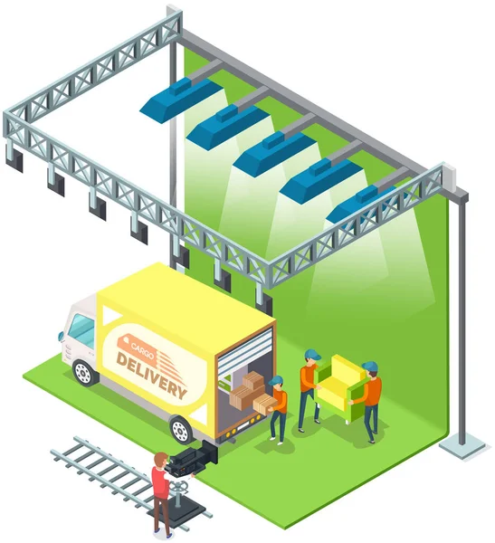 Processo de filmagem em pavilhão com atores e funcionários. Cena de tiro de entrega de mercadorias para filme — Vetor de Stock