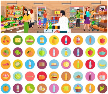 Süpermarketin içi, market ve farklı yemek türleri, bulaşıklar. Çeşitli mağaza bölümleri