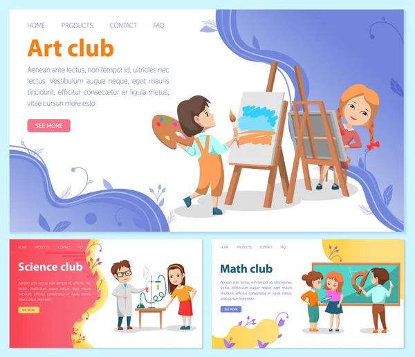 Art club van kinderen creativiteit website. Meisjes bezig met beeldende kunst, kunstenaar tekent beeld op ezel — Stockvector