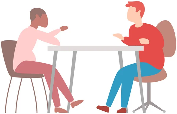 La gente si siede a tavola e comunica. I colleghi hanno riunione, conversazione durante il lavoro o riposo — Vettoriale Stock