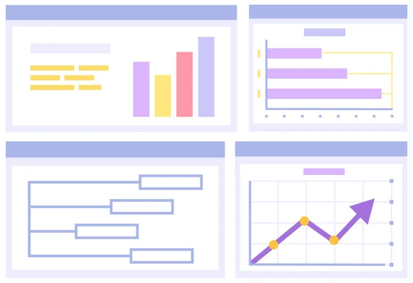 Data analysis research statistics interactive panel. Data screen with charts. Annual financial report — Stock Vector