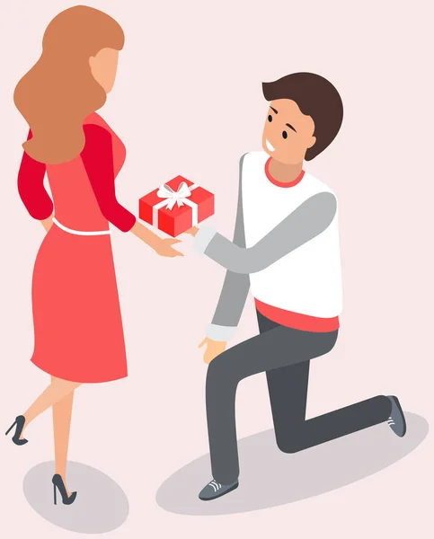 Mann auf einem Knie macht seiner Freundin einen Heiratsantrag. Menschen in Beziehungen vor der Hochzeit — Stockvektor